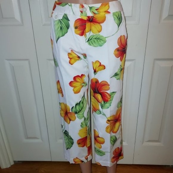 NEW Madison Studio White Orange Multi Floral Crop Pants Size 4 - Picture 1 of 6